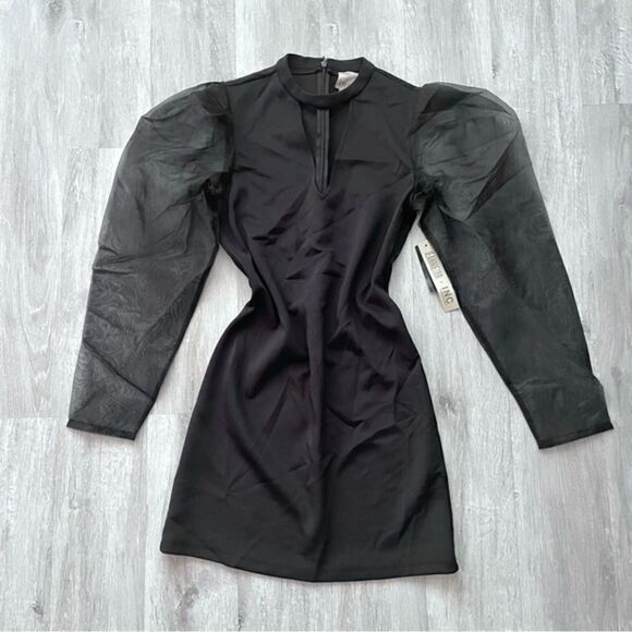 INC Women's NWT Tulle Long Sleeve Short Bodycon Black Party Dress M - Picture 2 of 4